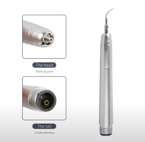هندپیس اسکیلر اولتراسونیک متصل به شلنگ یونیت دندانپزشکی در حال آمادهسازی برای جرمگیری